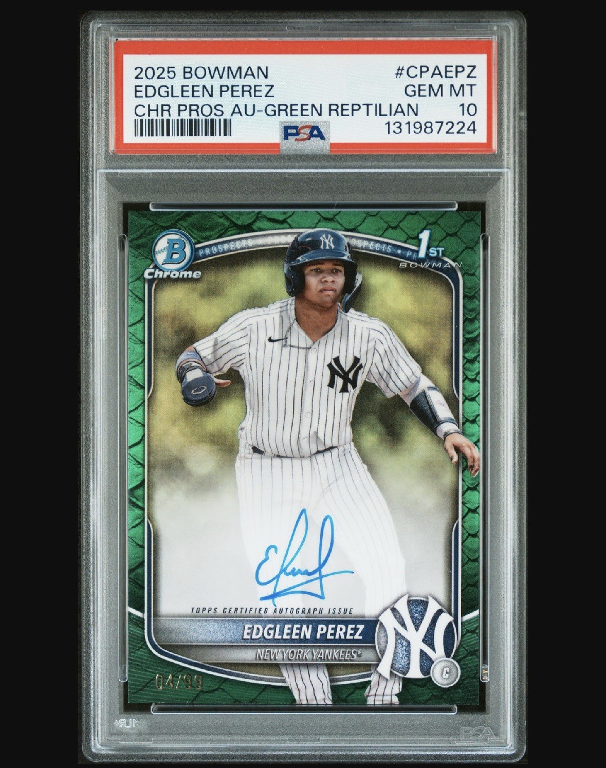 2025 Bowman Edgleen Perez Chrome Auto Reptilian Green Refractor 1st #/99 PSA 10