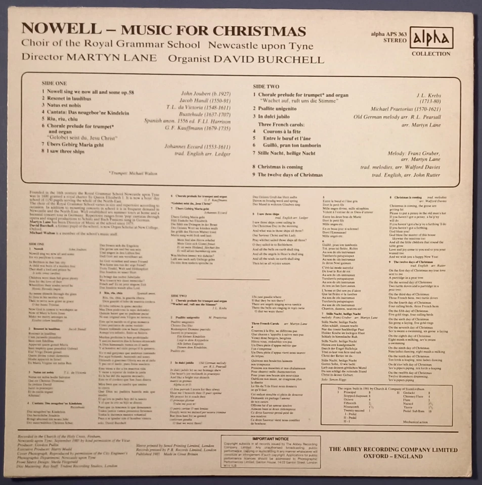 CHOIR OF ROYAL GRAMMAR SCHOOL Music for Christmas LP UK  vinyl 1985 ALPHA APS 36 - Image 2 of 4