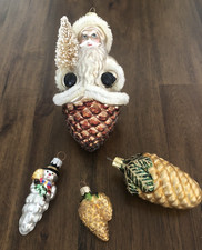 Lot 4 Vintage Pinecone Ornaments - Snowman, Santa, Gold w/Green Mini Pinecones