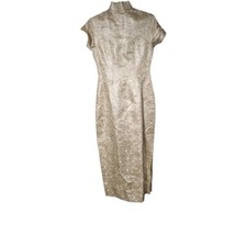 Vintage Asian Dress Women's Silver Floral Satin Chinese Cheongsam Qipao Midi