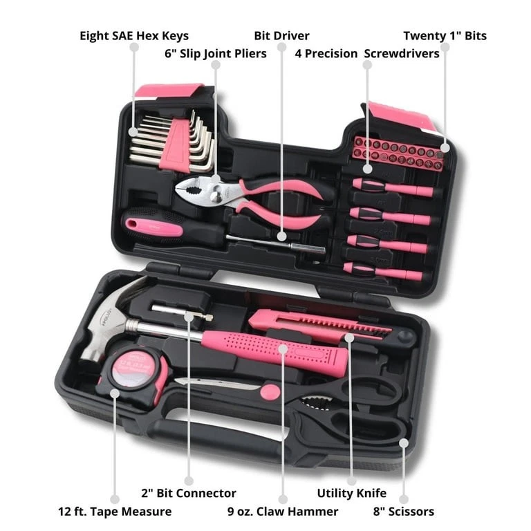 39-Piece Apollo Tools General Tool Kit with Hard Sided Case - Pink/Black DT9706P - Image 3 of 4