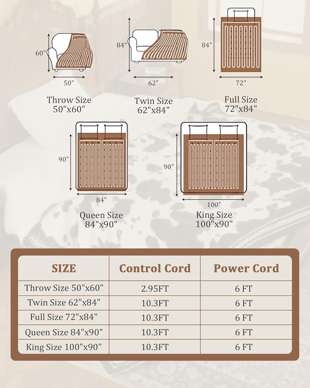 King Size Heated Electric Blanket with Dual Controller & Cow Print Design