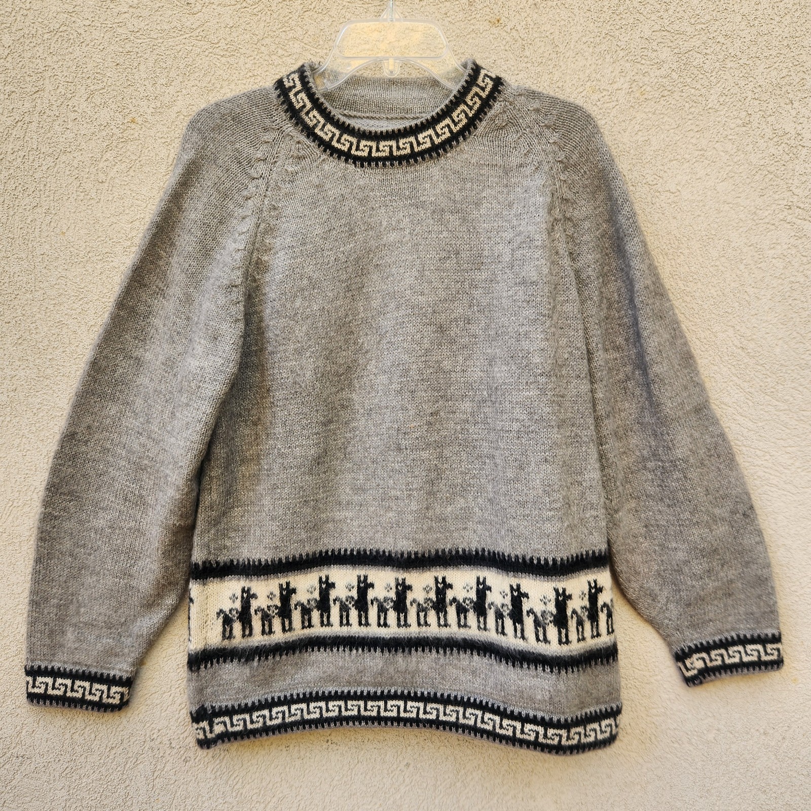 HANDMADE Women's Sweater Large Lagenlook Gray Black Wool Alpaca Knit Tunic