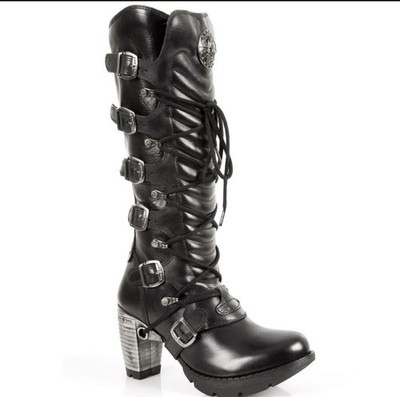 New Rock TR004-S1 Leather Boots Buckle Lace Knee High Biker Boots, 37, Worn 1X