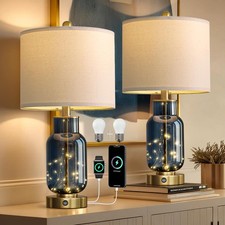 22" Glass Table Lamps Set of 2 with LED Nightlight for Bedroom, Blue