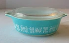 Vintage Amish Turquoise Butter print Casserole Dish 1 Pint With Lid Read