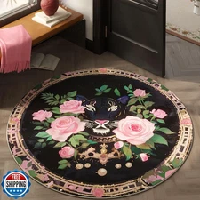 Vowkten Round Rug 6ft Washable Circle Rug Non Slip Low Pile Retro Lavish Leop
