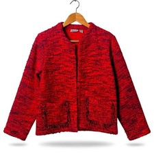 Chicos Boucle Open Front Red Textured Knit Cardigan Women Size M Fringe