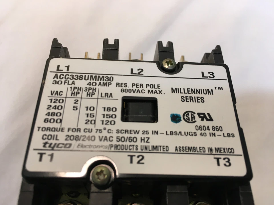 Arrow Hart / Tyco ACC338UMM30 30A 600V Definite Purpose Mag. Contactor 208V Coil - Image 2 of 4