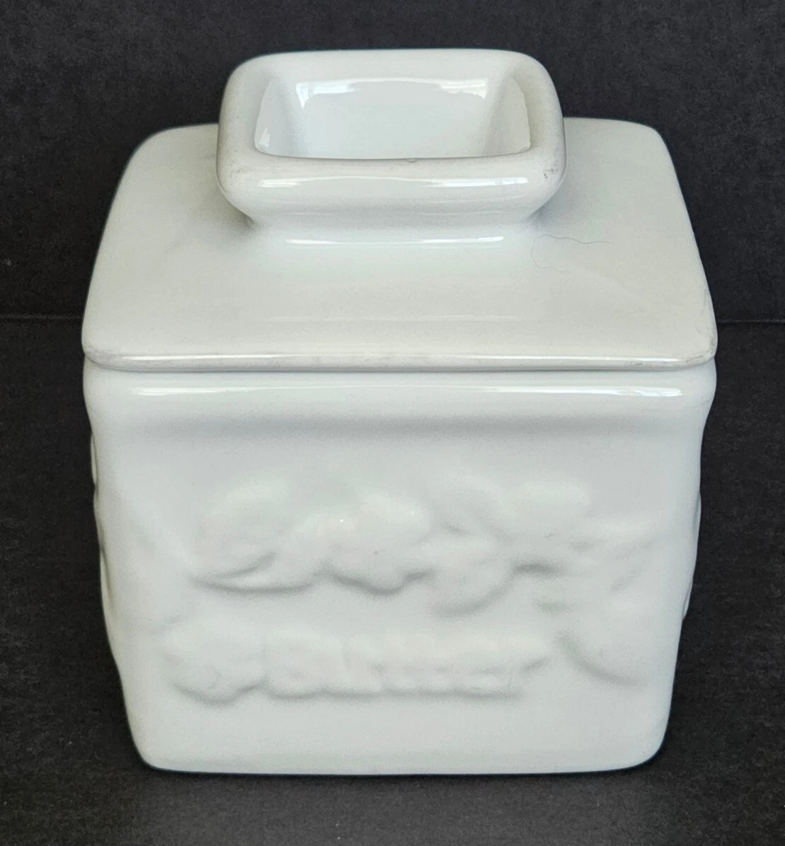 RPI Square White Porcelain Butter Keeper Crock w/ Lid Embossed Flowers