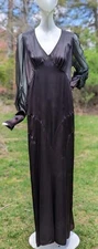 GLAMOUR 1930’S BLACK SLIPPER SATIN LONG DRESS W SHEER SLEEVES 