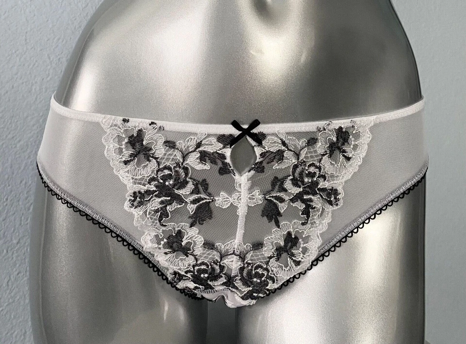 Victoria's Secret Panty Dream Angels Blanco Negro Malla Transparente Floral Cheekini Abierto Foto 4 de 4