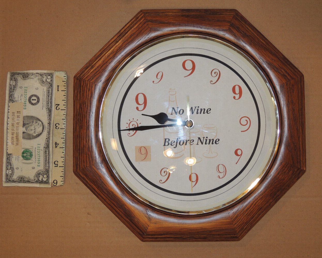 Funny Unique “No Wine Before Nine“ Wooden Wall Clock, Octagonal, Quartz 12"