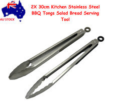 2X 30cm Long Handle Kitchen Stainless Steel BBQ Tongs Salad Bread Serving Tool
