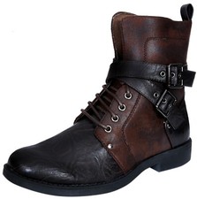 Mens Punk Rock Goth Elmo Ankle Boots Brown Zip Biker Leather Buckle 