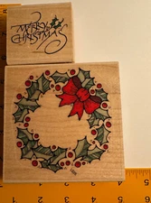 Christmas Wreath & Merry Christmas - 382-E Rubber Stamps - Various Manufacturers