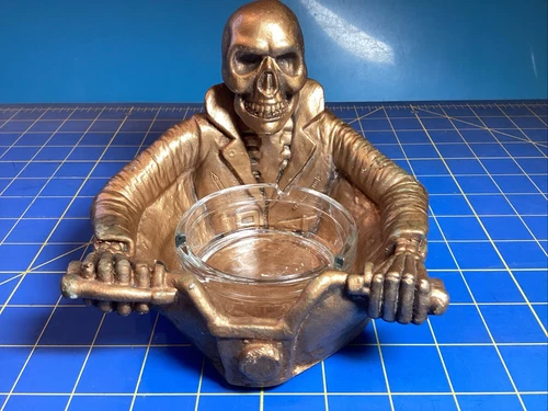 Arteology Motorcycle Biker Skeleton Ashtray Or Incense 1991  Gold Color Signed