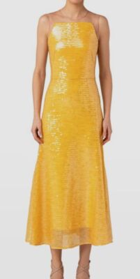 $5990 Akris Women's Yellow Silk Lined Sequined Tulle Illusion Midi Dress Size 4