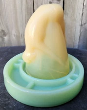 McKee Carmel UV Bottoms Up Shot Glass Cups #77725 Coaster W Combo Green Jadeite