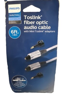 Philips 6' Elite Toslink Digital Fiber Optic Cable with 2 Mini Adapters - Gray