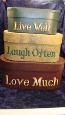 LIVE WELL LAUGH OFTEN LOVE MUCH  Stackable Boxes Nest Set  8  x3.5 VGC 