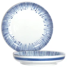 Japanese Rice Noodle Shallow Bowl 8"D Porcelain Blue Tokusa Lines Made in Japan