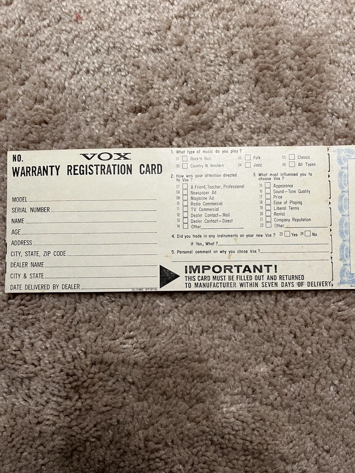 ВИНТАЖНЫЙ VOX КОНЦА 60-Х ГАРАНТИЯ РЕГИСТРАЦИОННАЯ КАРТОЧКА ДЛЯ ГИТАРНОГО УСИЛИТЕЛЯ РЕДКАЯ!! - Изображение 2 из 4