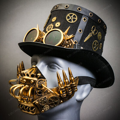 Black Steampunk Spike Goggle Top Hat w/ Gold Robot Mask Halloween Party Costume