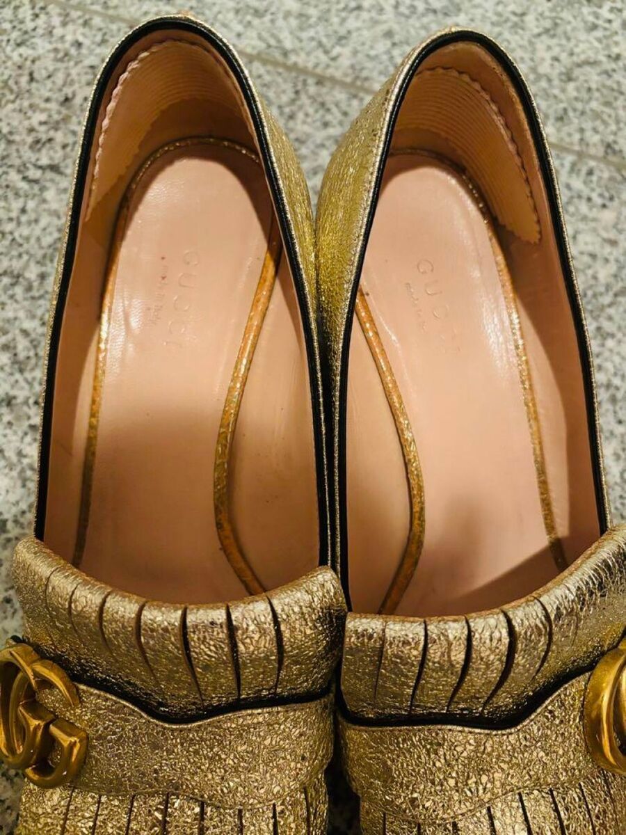 GUCCI Pumps Heel GG Marmont Fringe Leather Gold EU36/US6 GUCCI Pumps Heel GG Marmont Fringe Leather Gold EU36/US6
