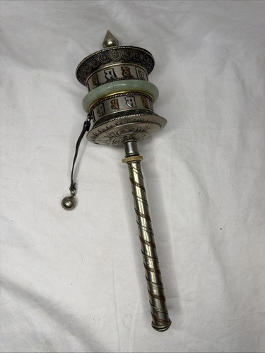 Vintage Tibetan Prayer Wheel Handmade Tin Nickel Blue Stones Jade-like Stone 12”