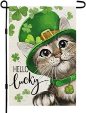 St Patricks Day Cat Garden Flag Lucky Shamrock 12X18 Inch Double Sided for outsi