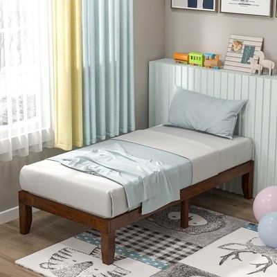 Twin Wooden Platform Bed 14'' Slats Support Mattress Foundation Brown Cherry