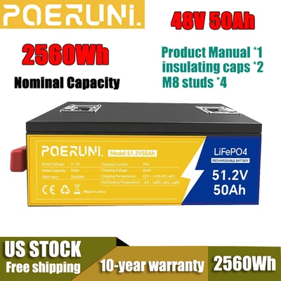 POERUNI 48V 50Ah LiFePO4 Lithium Battery Deep Cycles Built-in BMS For Ship RV Golf Carts