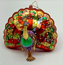 Vintage Vibrant Bejeweled Peacock Holiday Christmas Ornament Hand Blown Glass