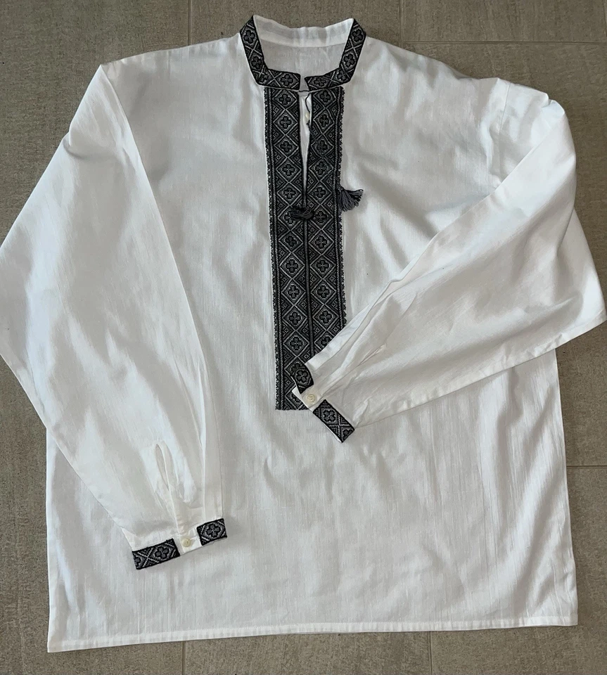 Ukrainian Vyshyvanka Linen XXL Gray Black Embroidery Handmade Long Sleeve Shirt - Image 3 of 4