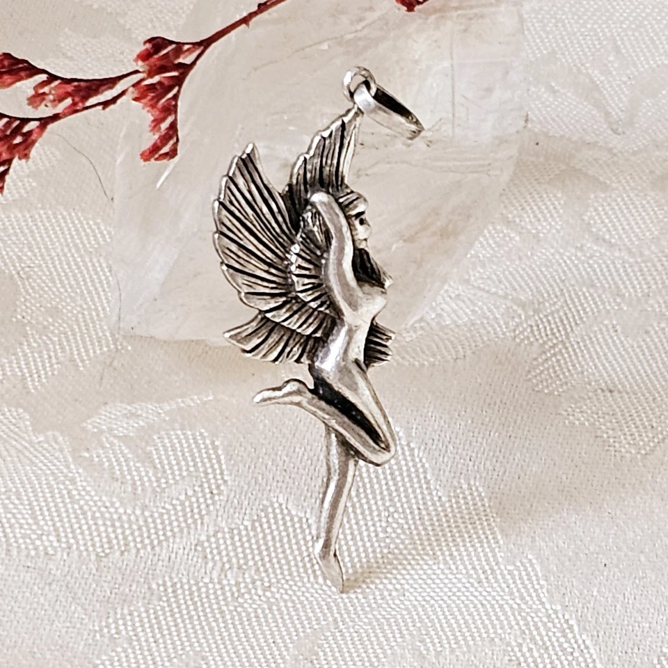Pendentif Argent 925 Vintage Femme Ailée Ange Fée 43x15mm Hors Bélière Poinçonné - Photo 2/4