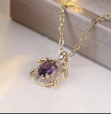 2Ct Oval Cut Lab Created Amethyst Halo Set Turtle Pendant 14k Yellow Gold Plated