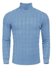 Men's Slim Fit Turtleneck Sweater Casual Twisted Knitted Medium Light Blue