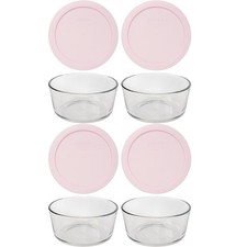 Pyrex (4) 7201 4 Cup Glass Bowls & (4) 7201-PC Loring Pink Lids