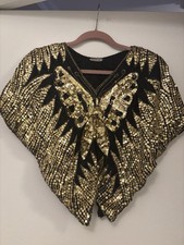 Indian vintage 1970s/80s black silk butterfly top w gold metallic beads sequins