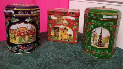 3 Vintage Henry Lambertz German Wind Up Music Box Metal Biscuit Cookie Tin