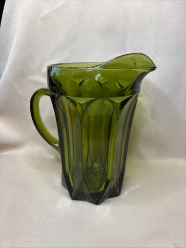 Fairfield Avocado Green By Anchor Hocking Glass 2 Qt Pitcher Olive Paneled Vtg