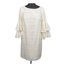 Eliza J Women's 8 Cream Lace Round Neck 3/4 Bell Sleeve Pattern Formal Dress