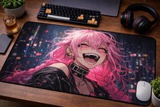 Cyberpunk Anime Girl Desk Mat, Pink Neon Waifu Mouse Pad