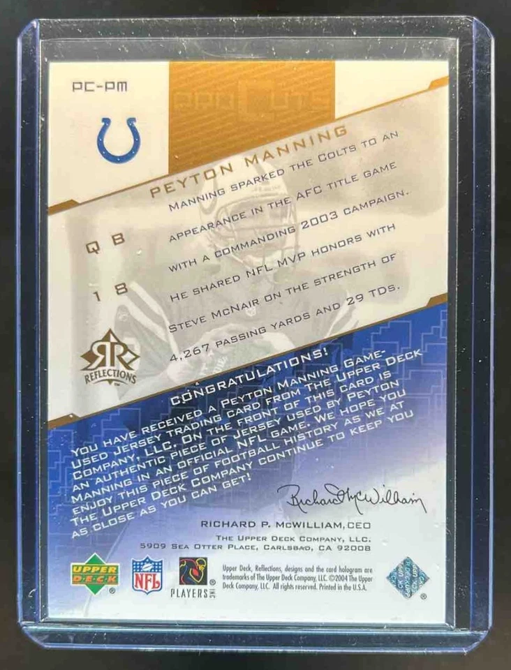 2004 Upper Deck Reflections Peyton Manning Pro Cuts Jerseys Gold #PC-PM Colts - Image 2 of 2