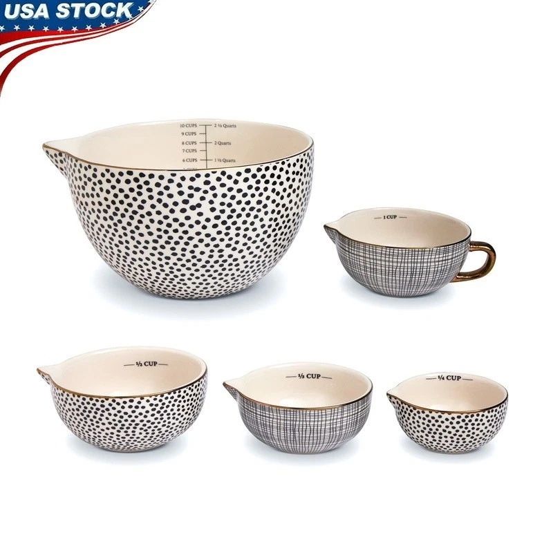 5 Piece Ceramic Mixing Bowl Set Measuring Dot Pattern Kitchen Cooking Utensils