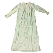 Vtg Barbizon Silky Floral Embroidered Lace Long Sleeve Nightgown Green SZ LARGE