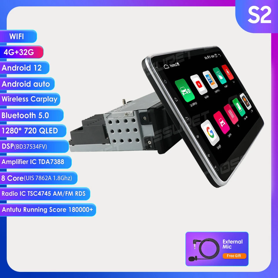 10.1" Rotatable Car Stereo Radio Android 12 1 Din GPS Wifi Carplay DSP 4+32GB - Image 2 of 4