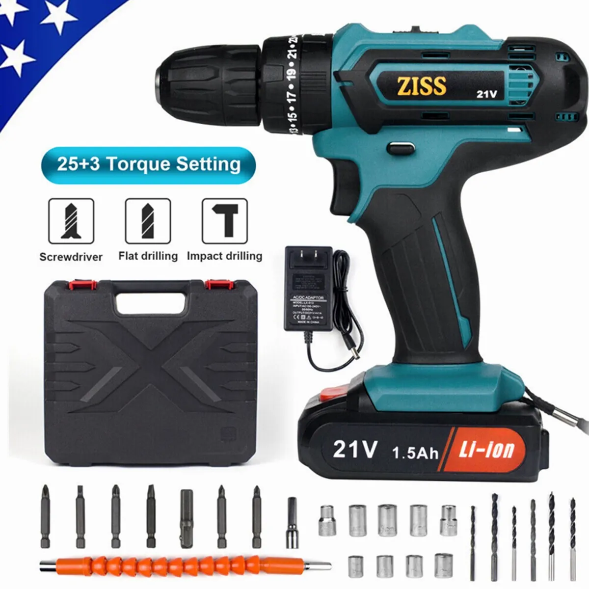 21V Cordless Electric Drill Set 2 -Speed Electrilc Drill/Driver