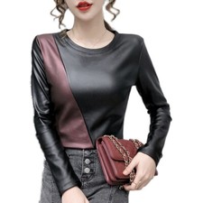 Damen Kunstleder Bluse Patchwork Thermal T-Shirt Enge Passform Pullover Top